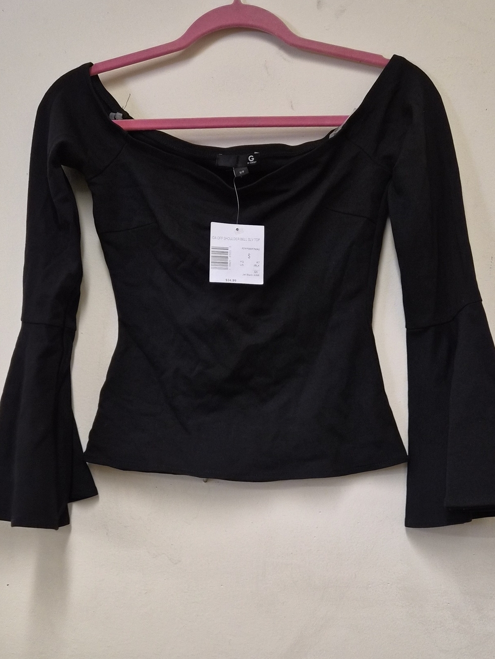 G by Guess Black Off-Shoulder Bell Sleeve Long Sleeve Top Size S
